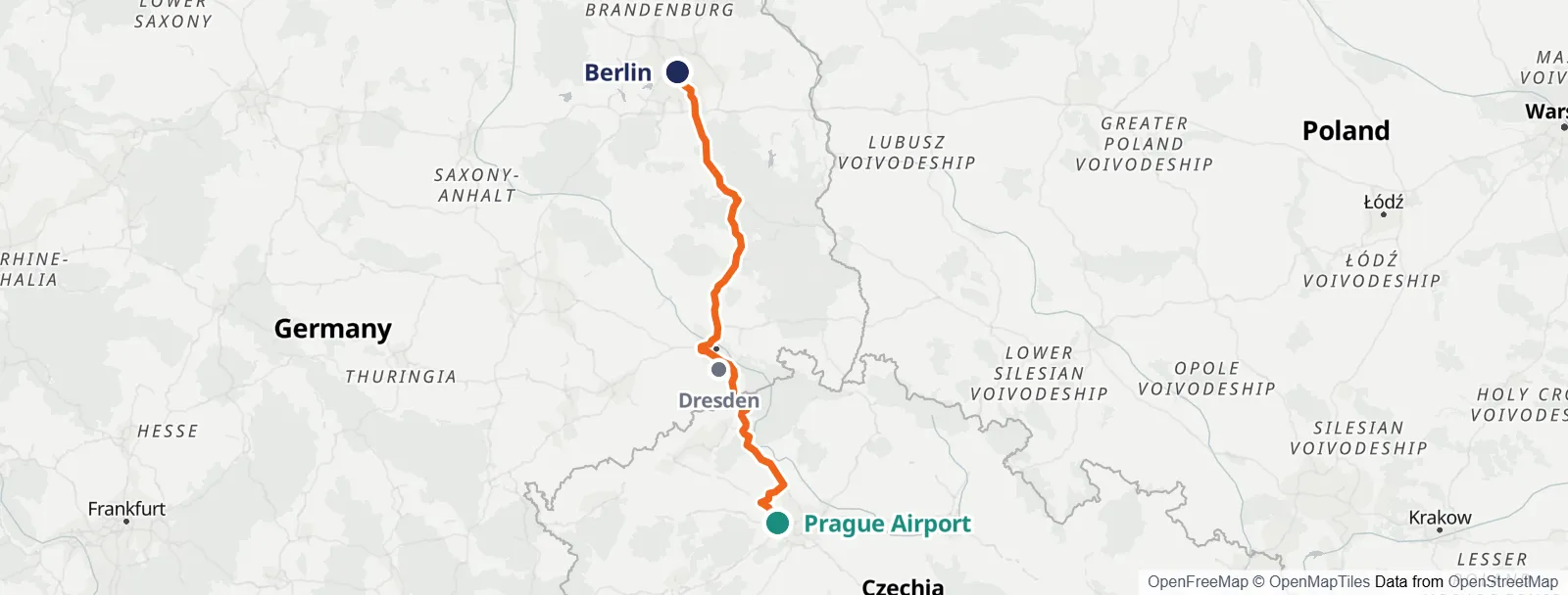 แผนที่เส้นทาง: Prague Airport – Dresden – Berlin