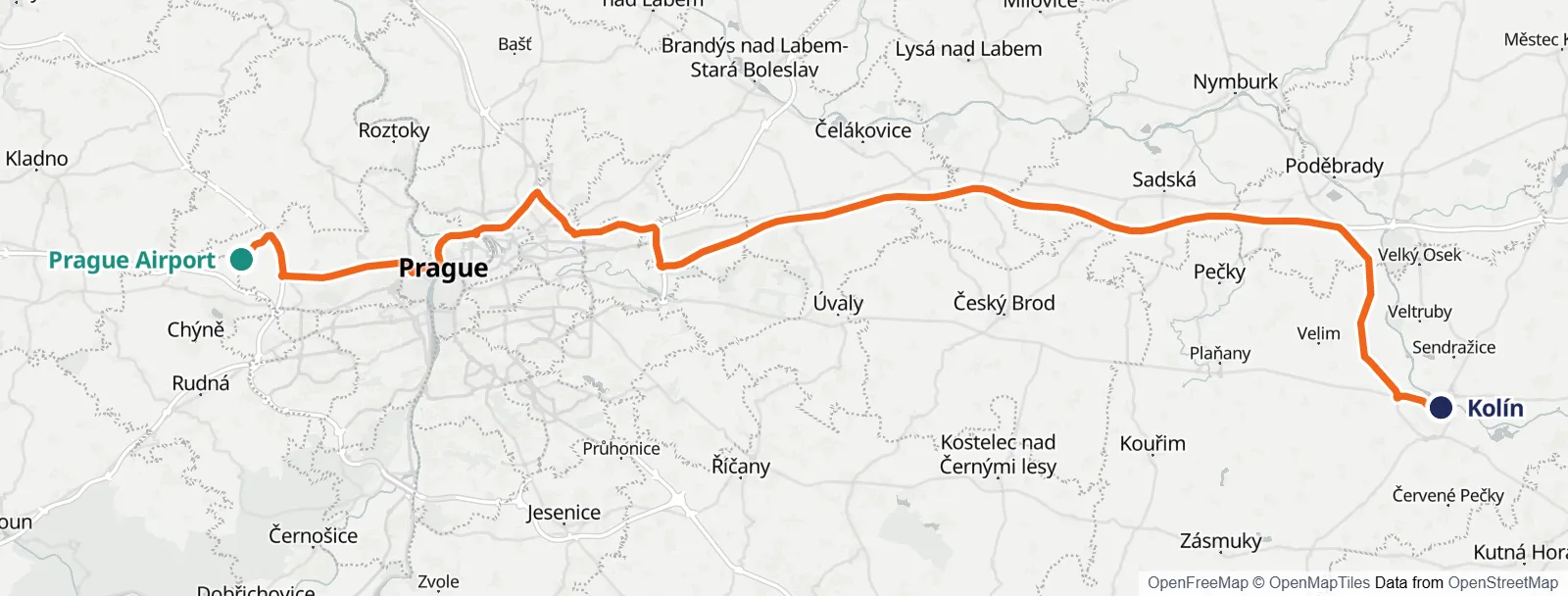 แผนที่เส้นทาง: Prague Airport – Kolín