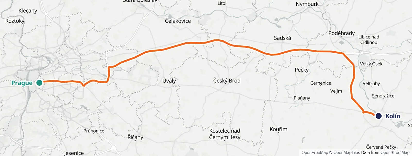 แผนที่เส้นทาง: Prague – Kolín