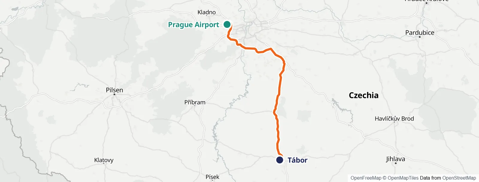 แผนที่เส้นทาง: Prague Airport – Tábor