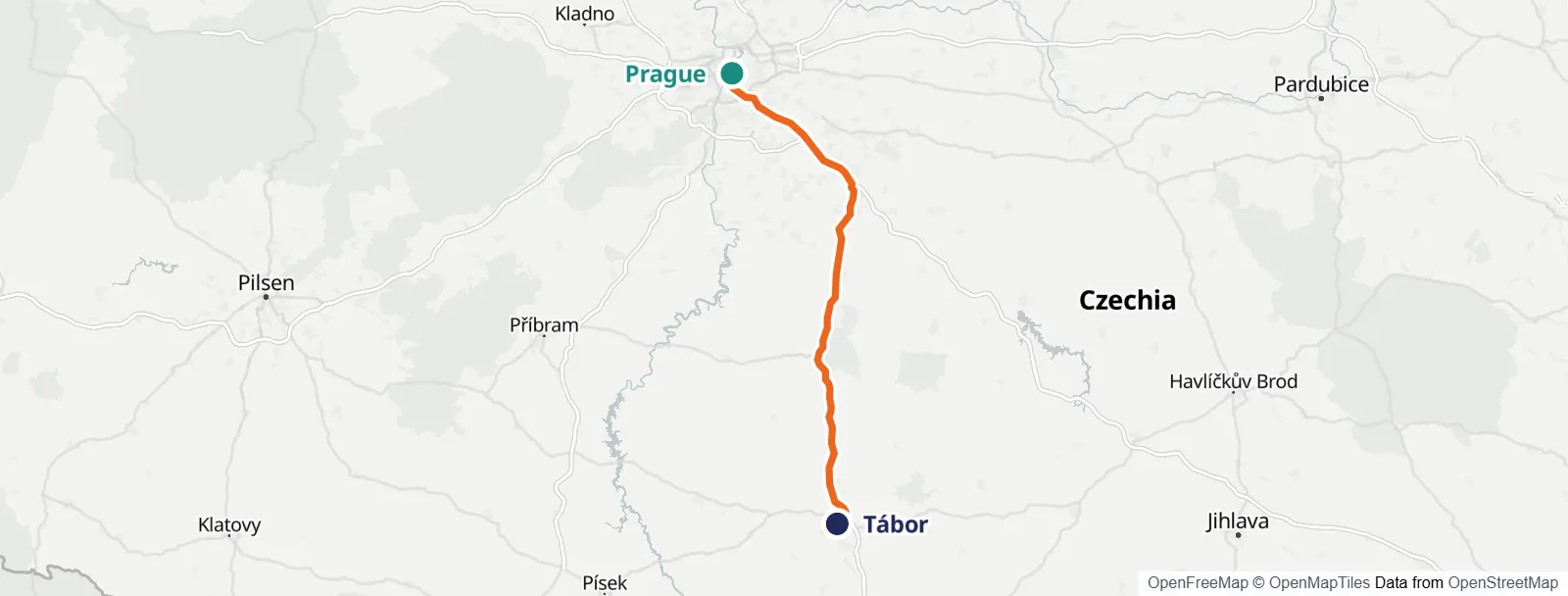 แผนที่เส้นทาง: Prague – Tábor